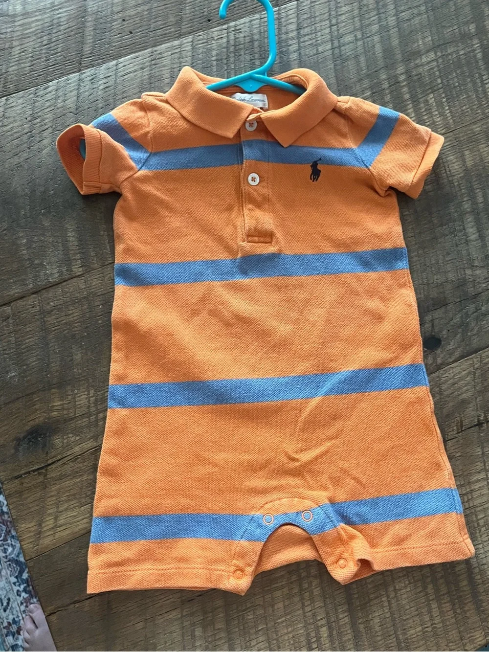 Ralph Lauren Orange Baby Polo Bodysuit with Light Blue Logo